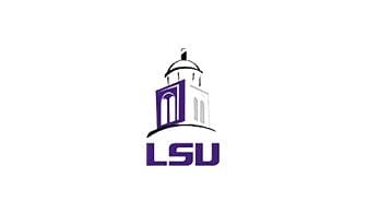 A purple and white logo of lsu.